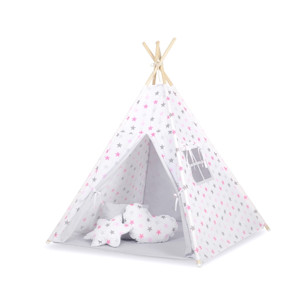 Mini Lot: Tente de Tipi + Tapis de Jeu + Plumes Décoratives Rose Gris étoiles