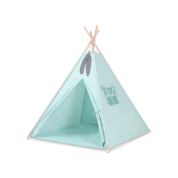 Mini Lot: Tipi pour Enfant avec Tapis de Jeu et Plumes Décoratives Menthe