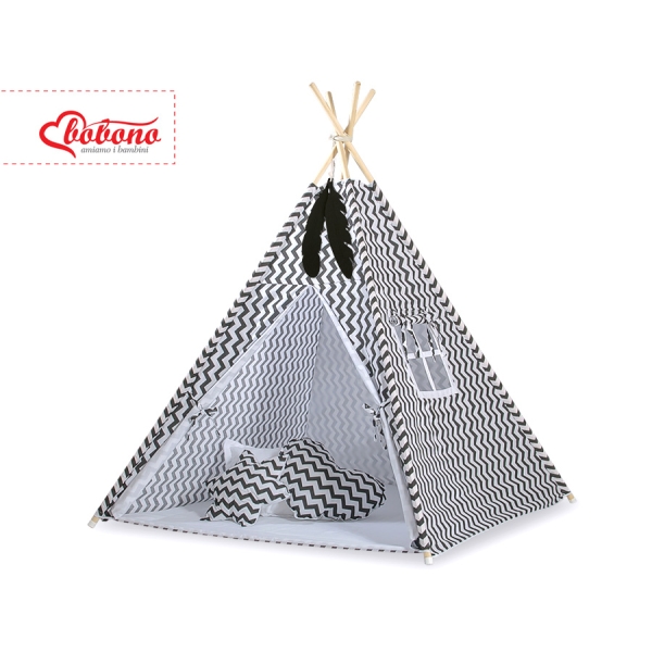 Mini Lot: Tipi pour Enfant avec Tapis de Jeu et Plumes Décoratives Noir Chevron