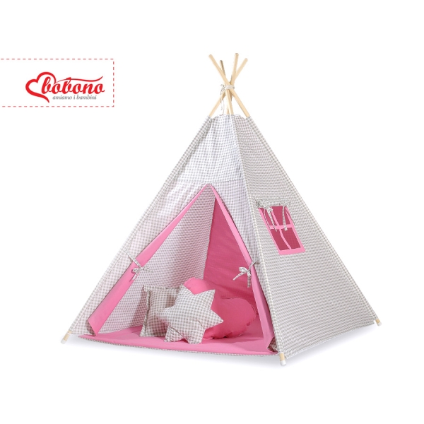 Mini Lot: Tipi pour Enfant avec Tapis de Jeu et Plumes Décoratives Rose Gris à Carreaux