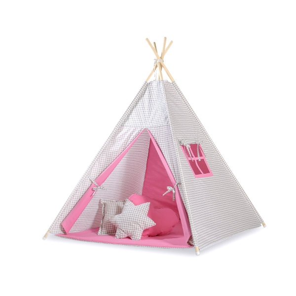 Mini Lot: Tipi pour Enfant avec Tapis de Jeu et Plumes Décoratives Rose Gris à Carreaux