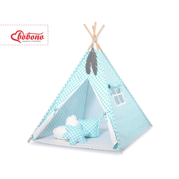 Mini Lot: Tipi pour Enfant avec Tapis de Jeu et Plumes Décoratives Turquoise