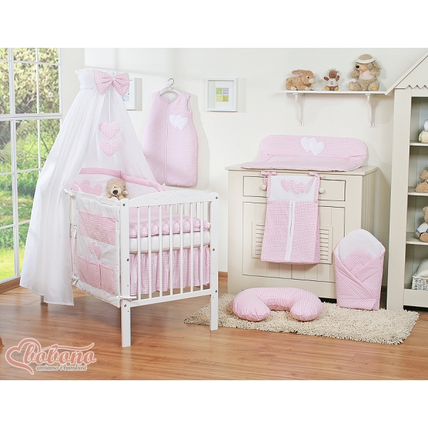 Parure de Linge  Lit Bébé 11 pcs Ciel Rose à Carreaux Cœurs