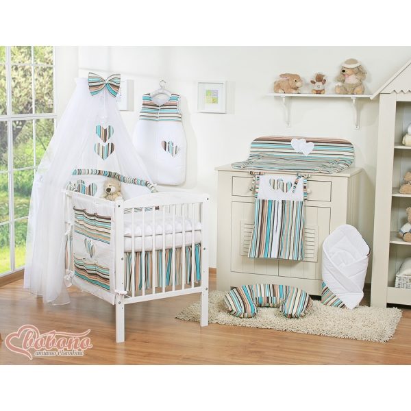 Parure de Linge  Lit Bébé 11 pcs  Moustiquaire Brun Rayures Cœurs