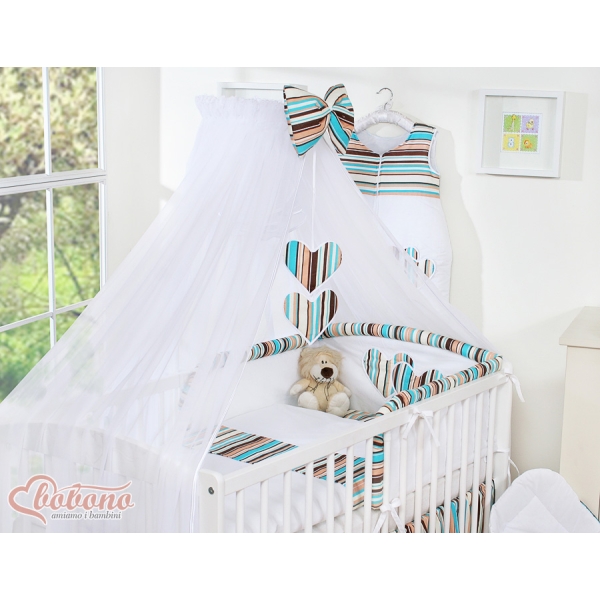 Parure de Linge  Lit Bébé 11 pcs  Moustiquaire Brun Rayures Cœurs