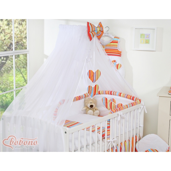 Parure de Linge  Lit Bébé 11 pcs  Moustiquaire Orange Rayures Cœurs