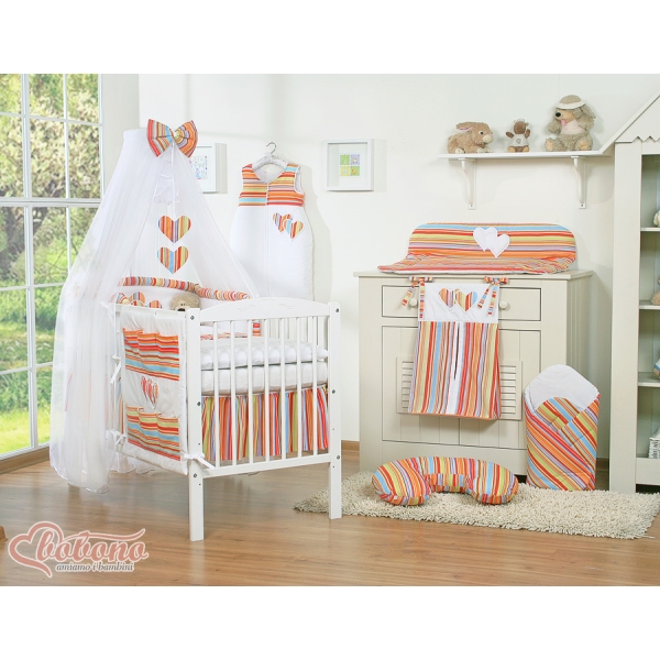 Parure de Linge  Lit Bébé 11 pcs  Moustiquaire Orange Rayures Cœurs