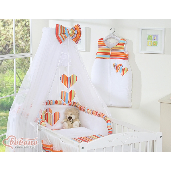 Parure de Linge  Lit Bébé 11 pcs  Moustiquaire Orange Rayures Cœurs