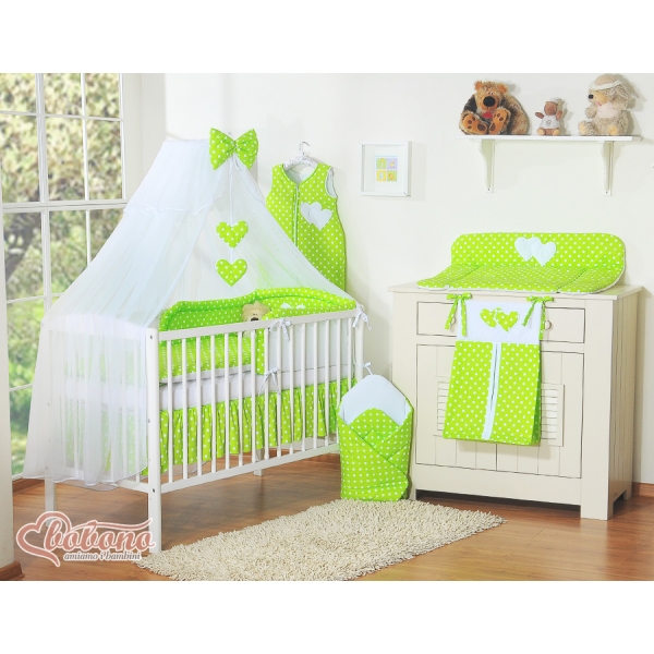 Parure de Linge  Lit Bébé 11 pcs  Moustiquaire Vert à Pois Cœurs