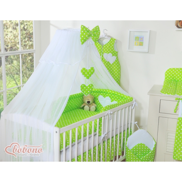 Parure de Linge  Lit Bébé 11 pcs  Moustiquaire Vert à Pois Cœurs