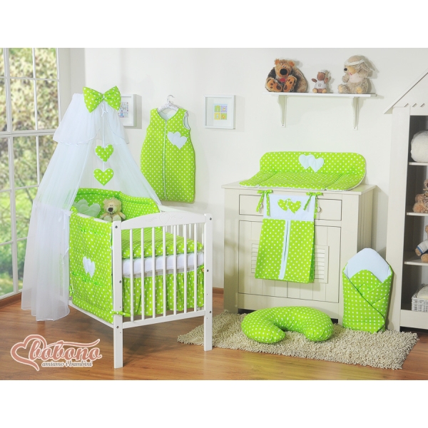 Parure de Linge  Lit Bébé 11 pcs  Moustiquaire Vert à Pois Cœurs