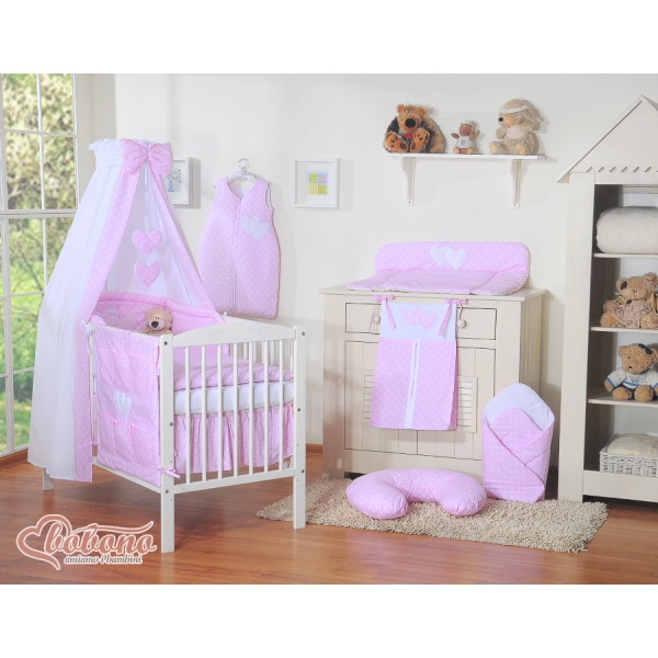 Parure de Lit Bébé 60x120cm 70x140cm avec Ciel de Lit et Tour de Lit Rose à Pois Cœurs