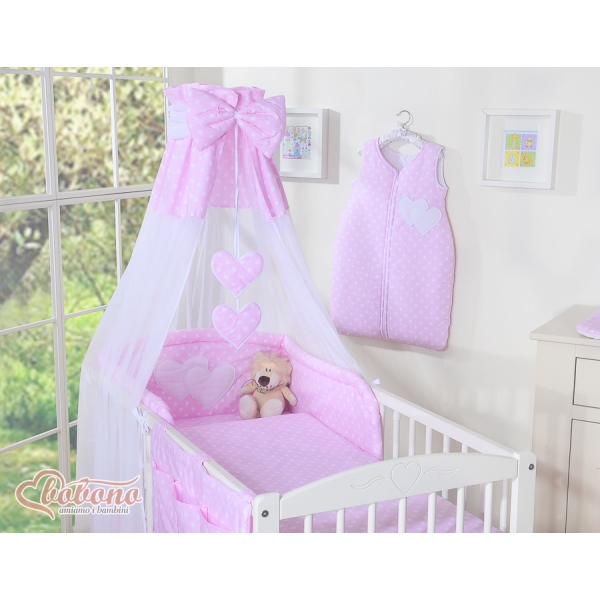 Parure de Lit Bébé 60x120cm 70x140cm avec Ciel de Lit et Tour de Lit Rose à Pois Cœurs