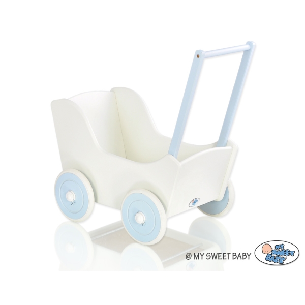 Poussette de Poupée en Bois  Blanc Bleu