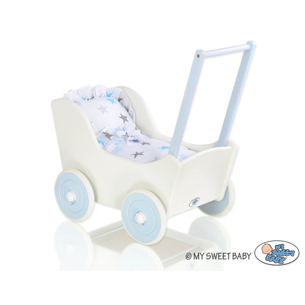 Poussette de Poupée en Bois  Blanc Bleu