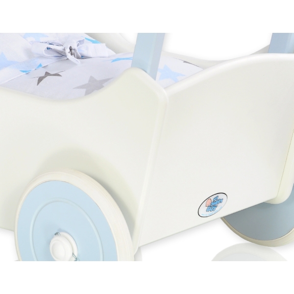 Poussette de Poupée en Bois  Blanc Bleu