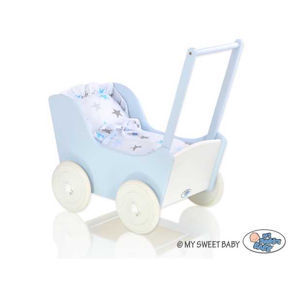 Poussette de Poupée en Bois  Blanc Bleu