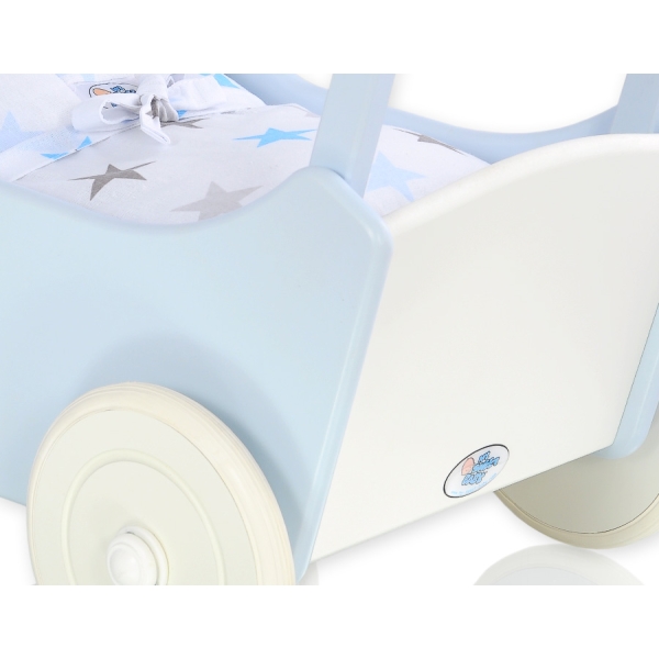 Poussette de Poupée en Bois  Blanc Bleu