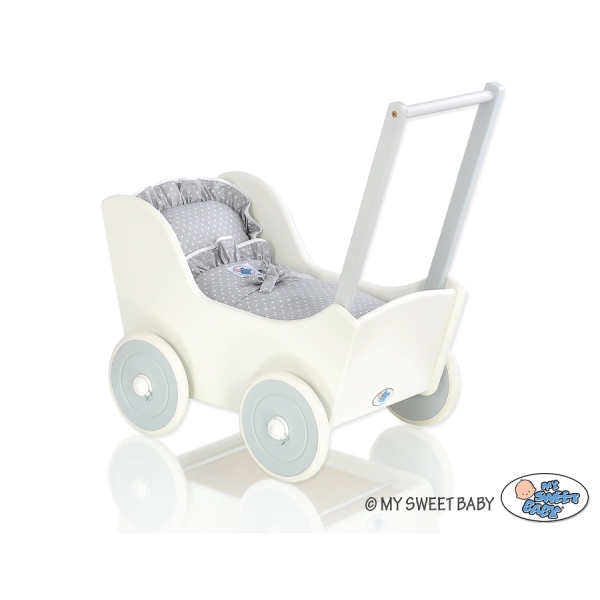 Poussette de Poupée en Bois  Blanc Gris