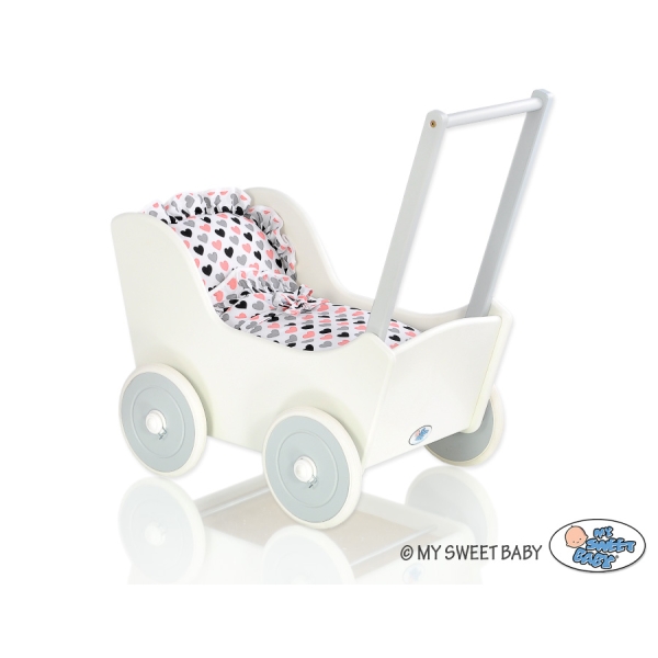 Poussette de Poupée en Bois  Blanc Gris