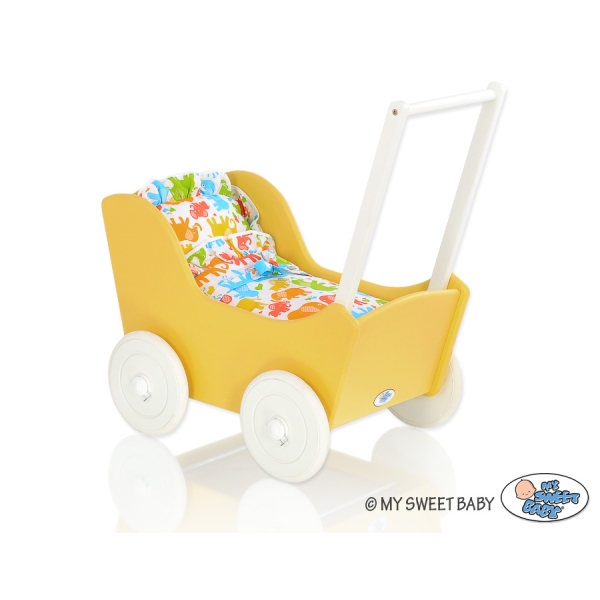 Poussette de Poupée en Bois  Blanc Jaune