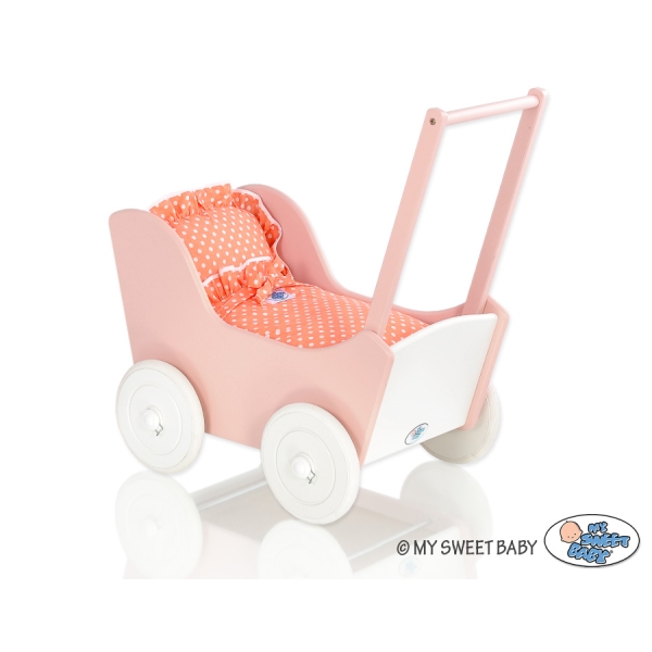 Poussette de Poupée en Bois  Blanc Rose Poudré