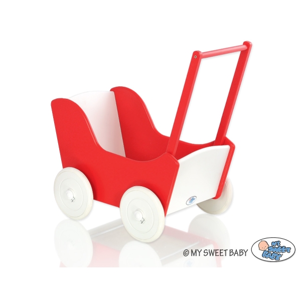 Poussette de Poupée en Bois  Blanc Rouge