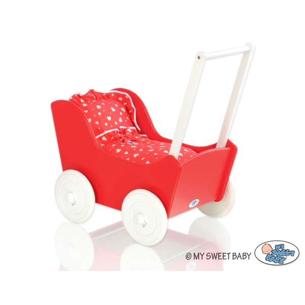 Poussette de Poupée en Bois  Blanc Rouge