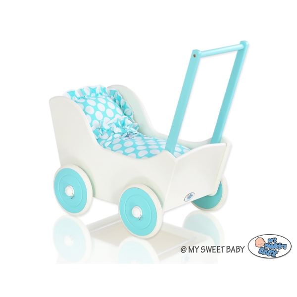 Poussette de Poupée en Bois  Blanc Turquoise