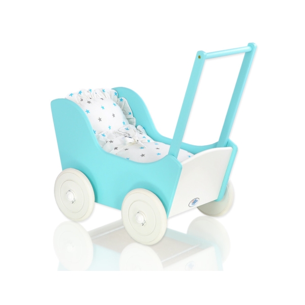 Poussette de Poupée en Bois  Blanc Turquoise