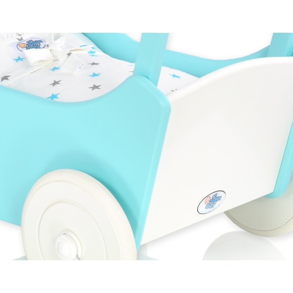 Poussette de Poupée en Bois  Blanc Turquoise