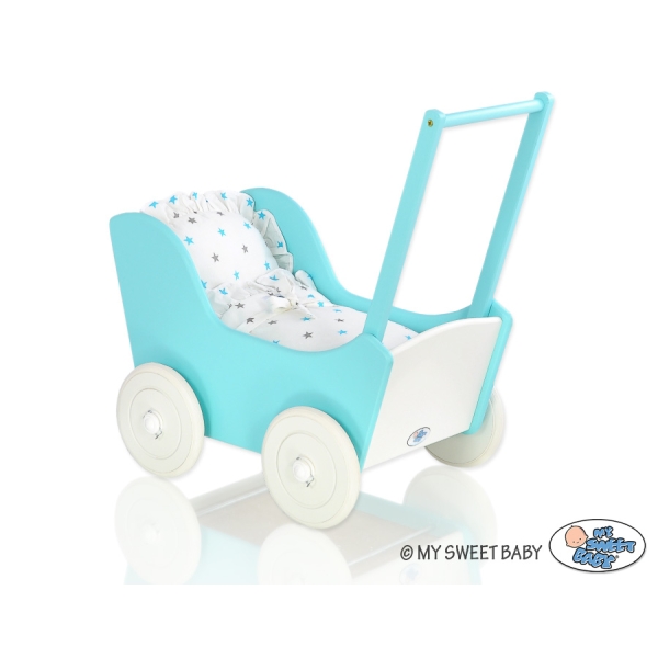 Poussette de Poupée en Bois  Blanc Turquoise