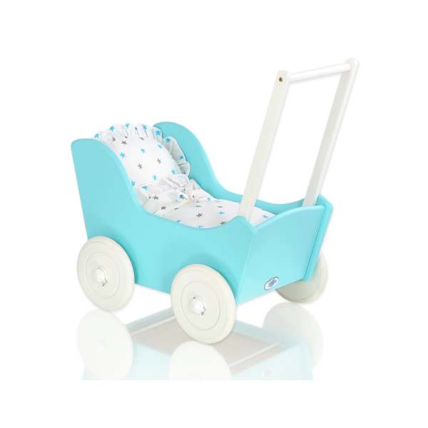 Poussette de Poupée en Bois  Blanc Turquoise