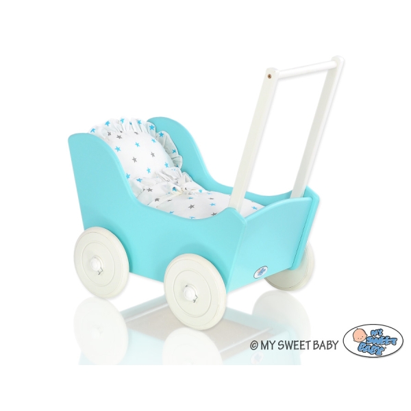 Poussette de Poupée en Bois  Blanc Turquoise