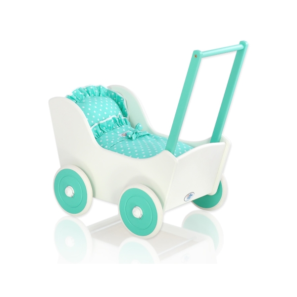 Poussette de Poupée en Bois  Menthe Blanc