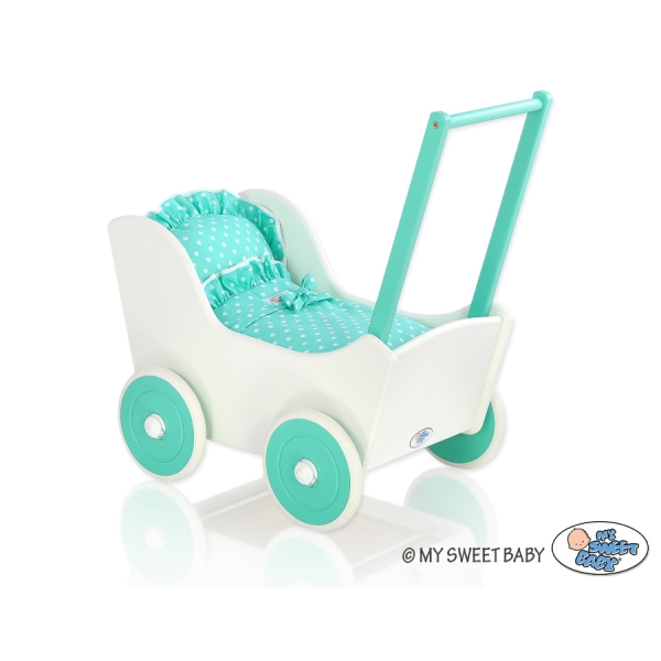 Poussette de Poupée en Bois  Menthe Blanc