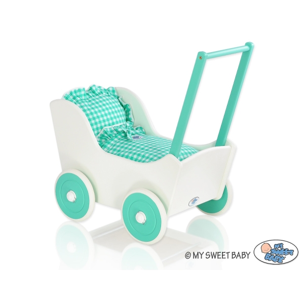 Poussette de Poupée en Bois  Menthe Blanc