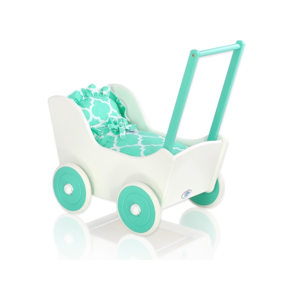 Poussette de Poupée en Bois  Menthe Blanc