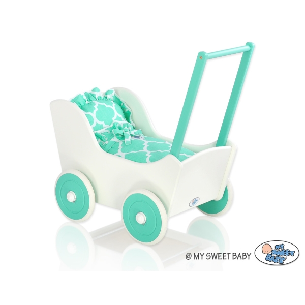 Poussette de Poupée en Bois  Menthe Blanc