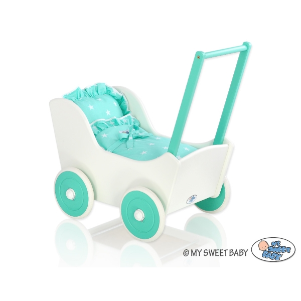Poussette de Poupée en Bois  Menthe Blanc