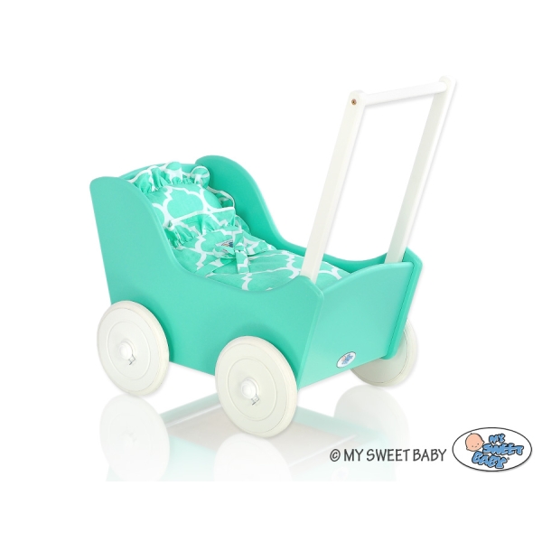 Poussette de Poupée en Bois  Menthe Blanc