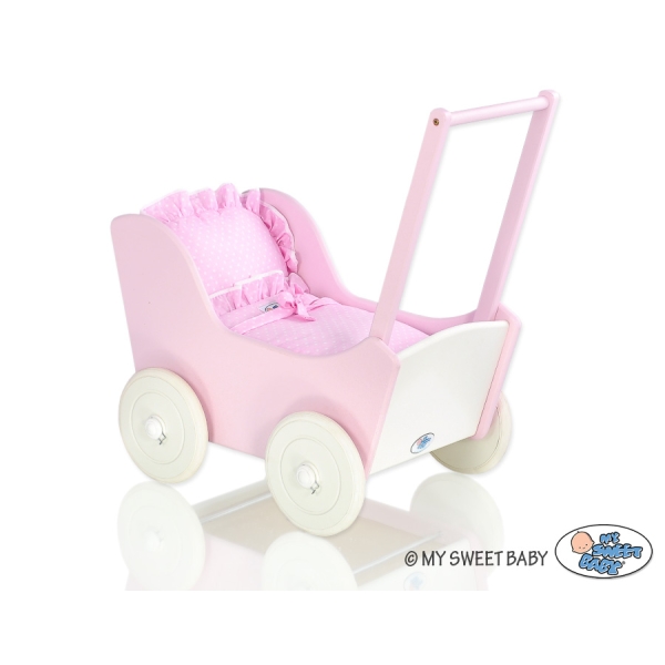 Poussette de Poupée en Bois  Rose Blanc