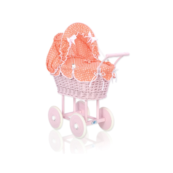 Poussette de Poupée en Osier avec Ensemble de Linge de Lit à Pois Rose Poussiéreux Pêche