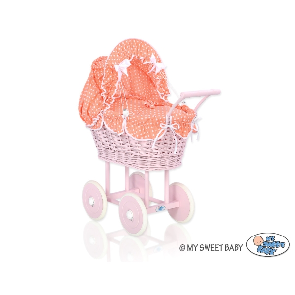 Poussette de Poupée en Osier avec Ensemble de Linge de Lit à Pois Rose Poussiéreux Pêche