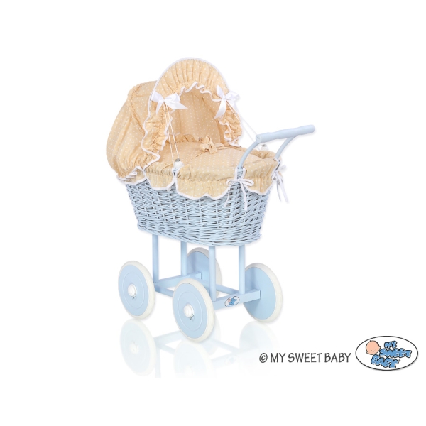 Poussette de Poupée en Osier avec Ensemble de Linge de Lit Blanc Beige Bleu à Pois