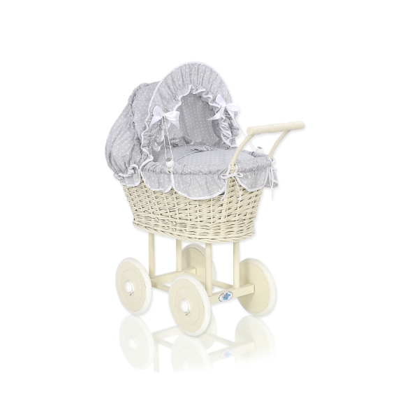 Poussette de Poupée en Osier avec Ensemble de Linge de Lit Blanc Gris à Pois