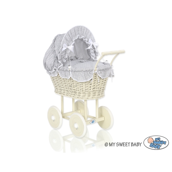 Poussette de Poupée en Osier avec Ensemble de Linge de Lit Blanc Gris à Pois