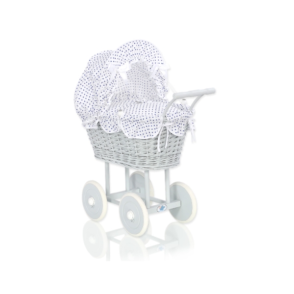 Poussette de Poupée en Osier avec Ensemble de Linge de Lit Blanc Gris Bleu Marine à Pois
