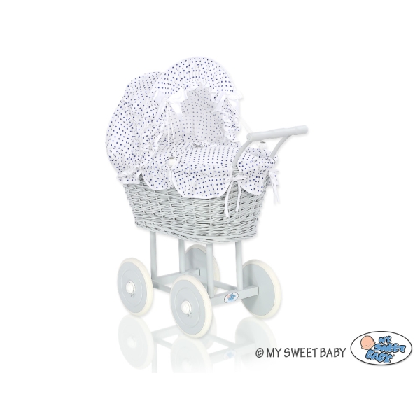 Poussette de Poupée en Osier avec Ensemble de Linge de Lit Blanc Gris Bleu Marine à Pois