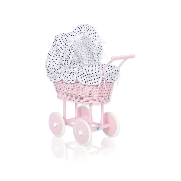 Poussette de Poupée en Osier avec Ensemble de Linge de Lit Blanc Noir à Pois